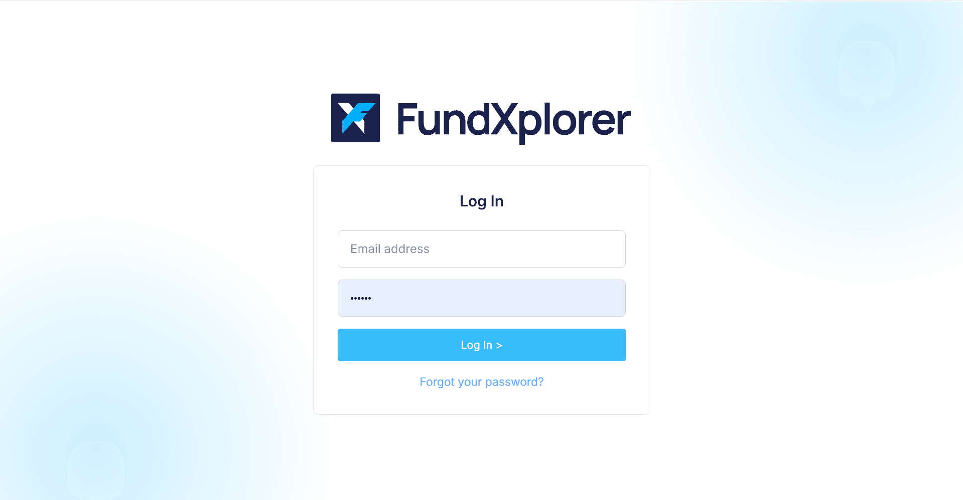 Pantalla de acceso a la plataforma FundXplorer