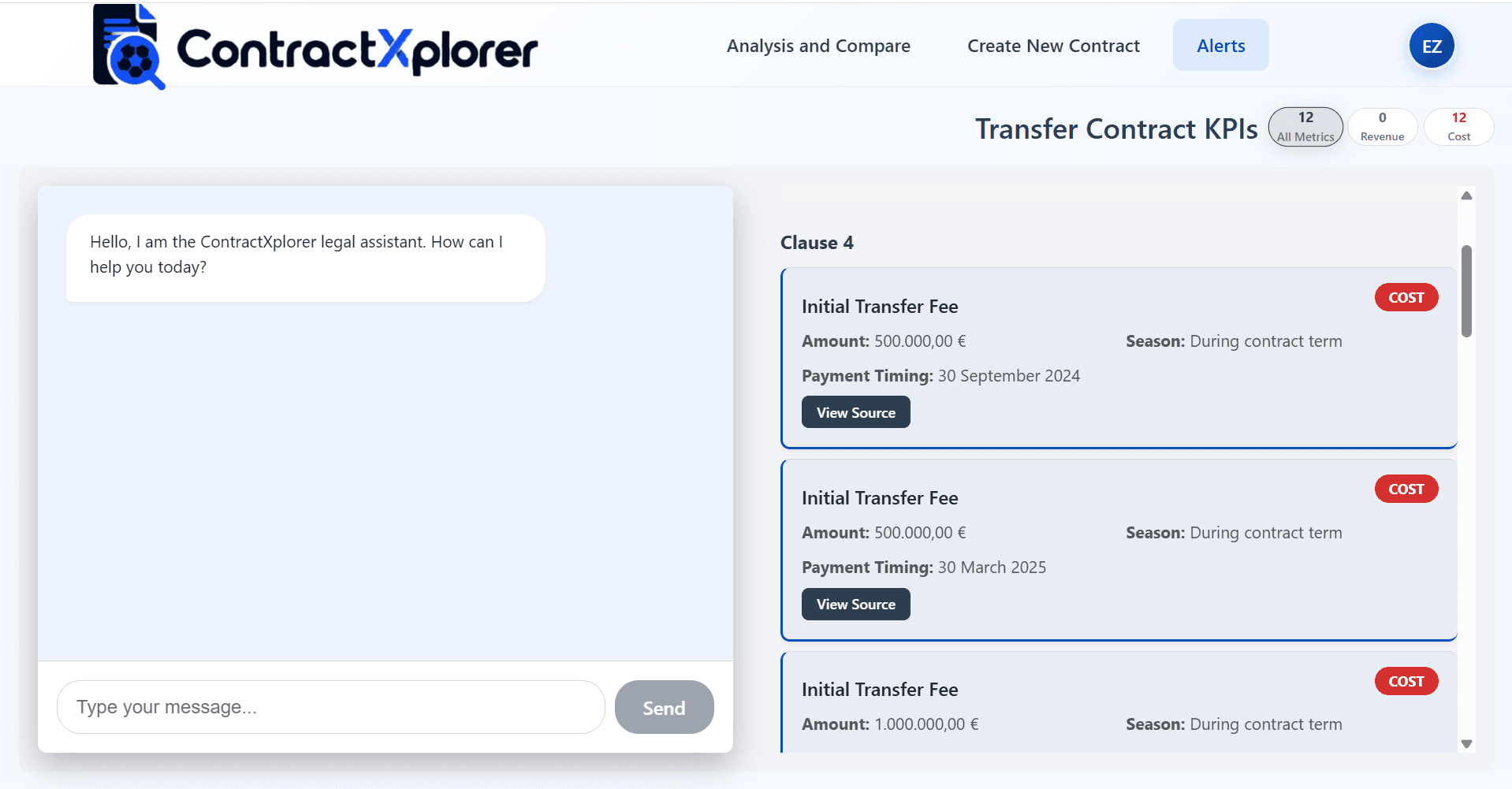 Panel de KPIs y alertas de contrato con cláusulas de coste