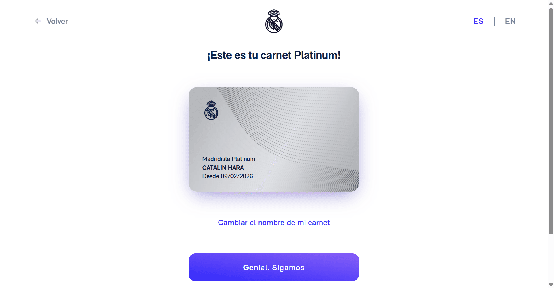 Carnet Platinum digital del socio Madridista