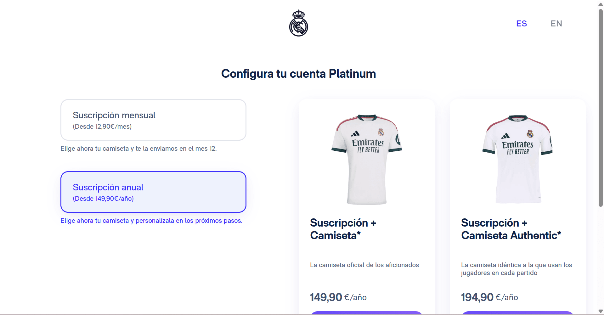 Configuración de la cuenta Platinum con selección de camiseta