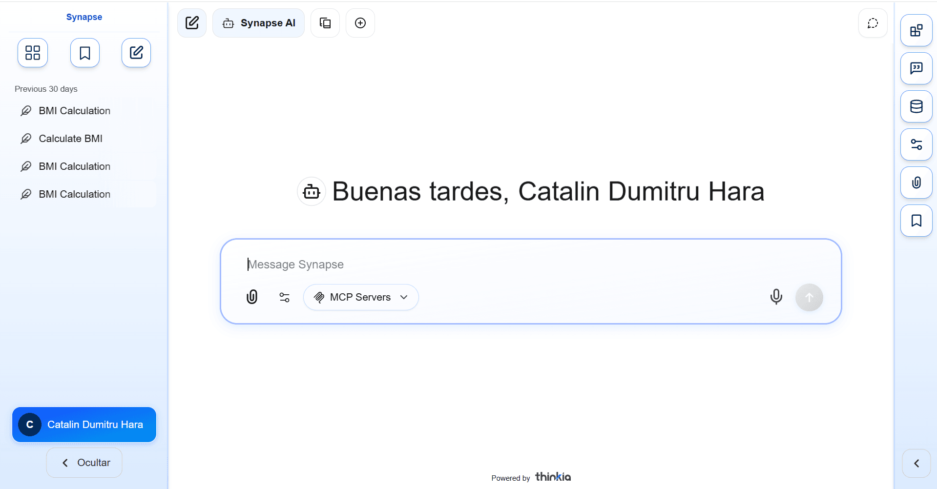 Pantalla de chat de Synapse con selección de servidores MCP