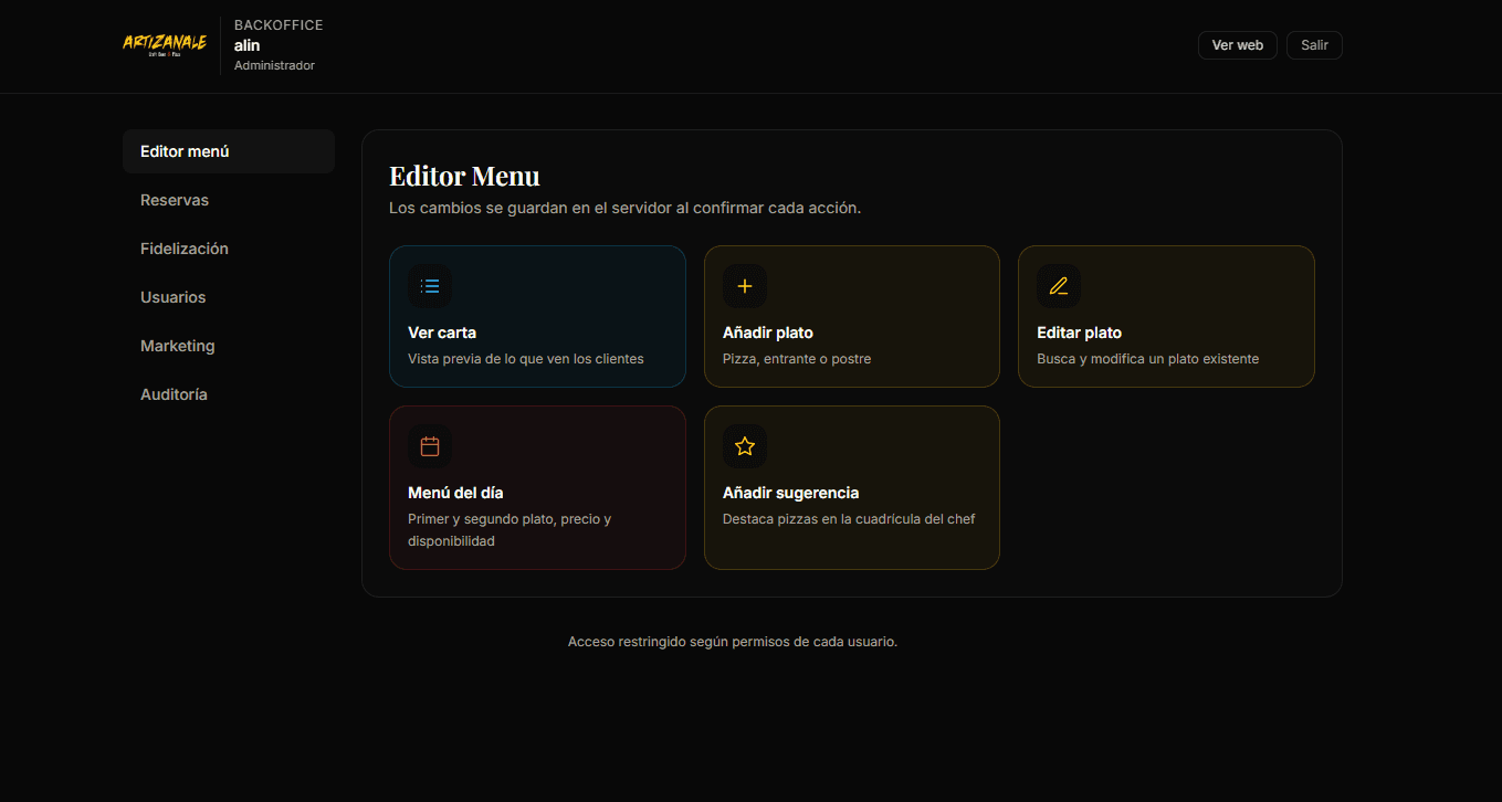 Backoffice de empleados — editor de carta con roles y permisos