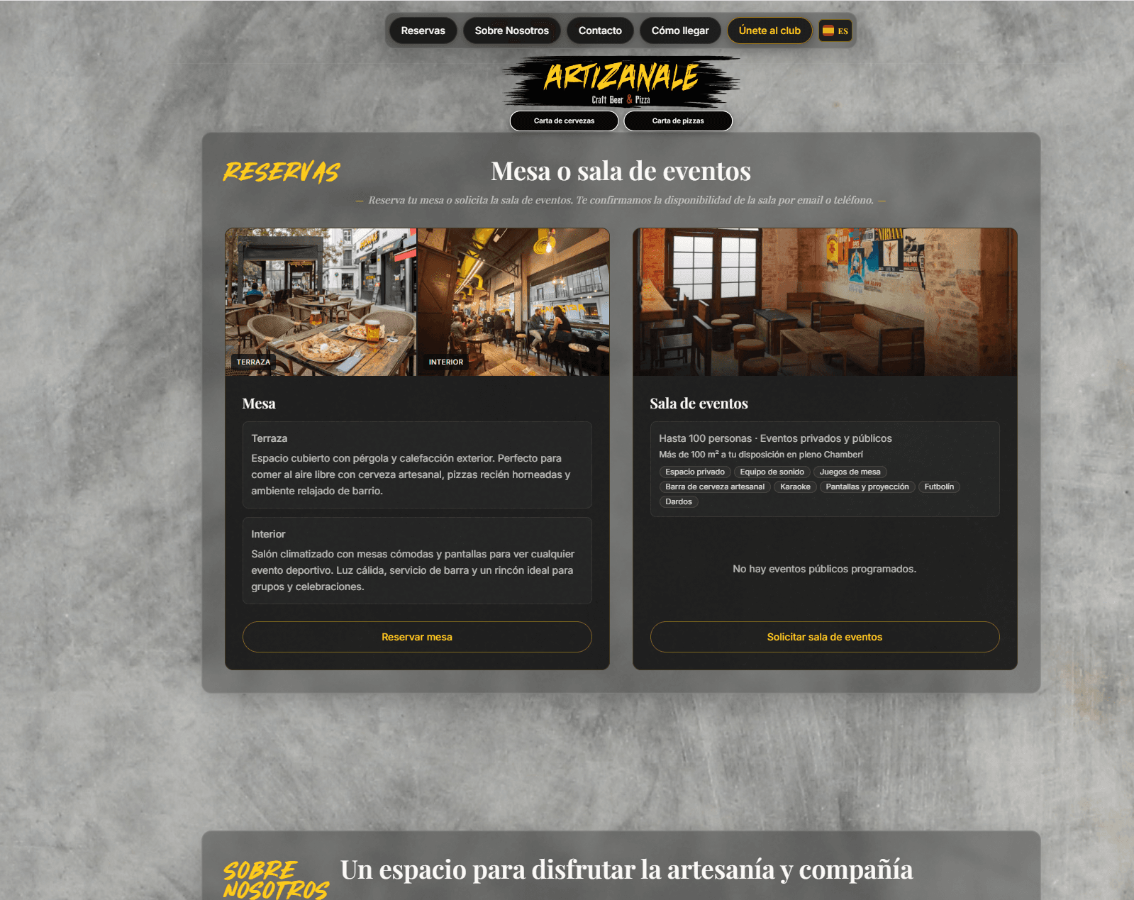 Sección de reservas de mesa y sala de eventos en la web pública