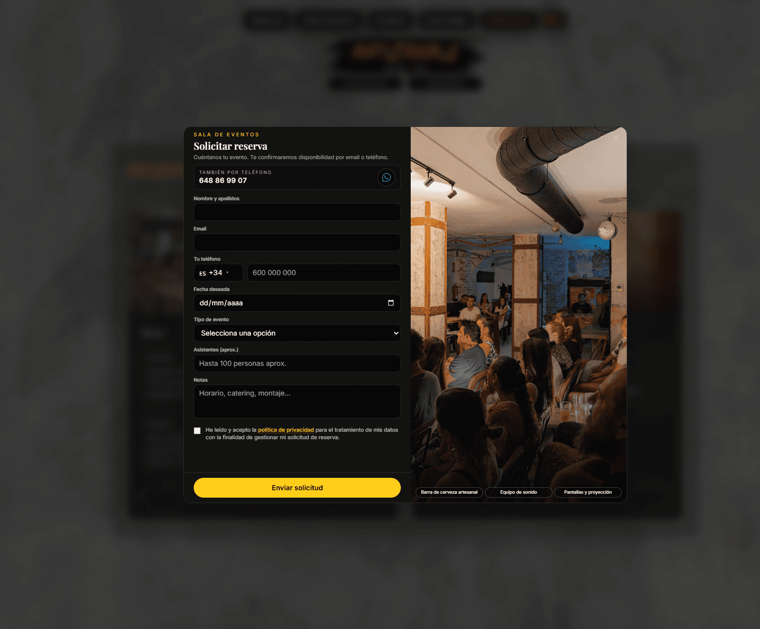 Formulario de solicitud de reserva de la sala de eventos