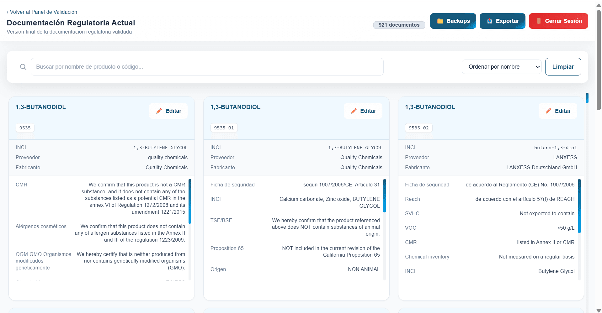 Documentación regulatoria validada, con backups y exportación