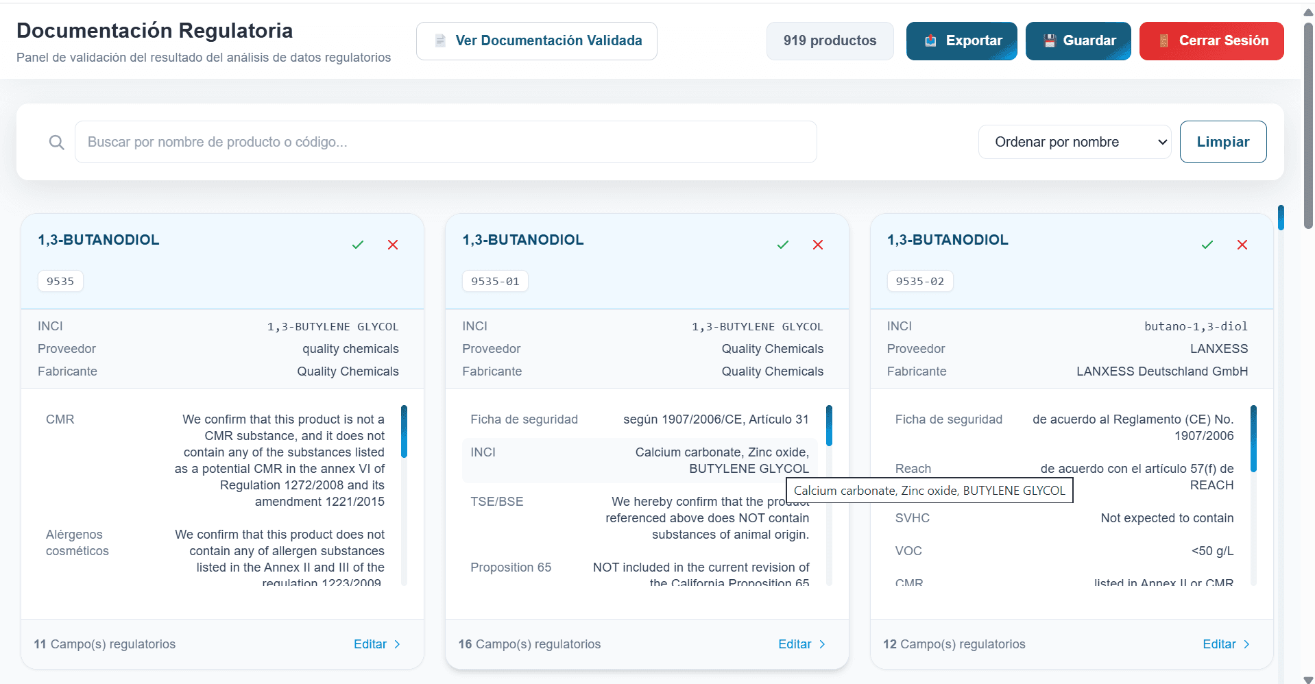 Panel de validación de documentación regulatoria por producto