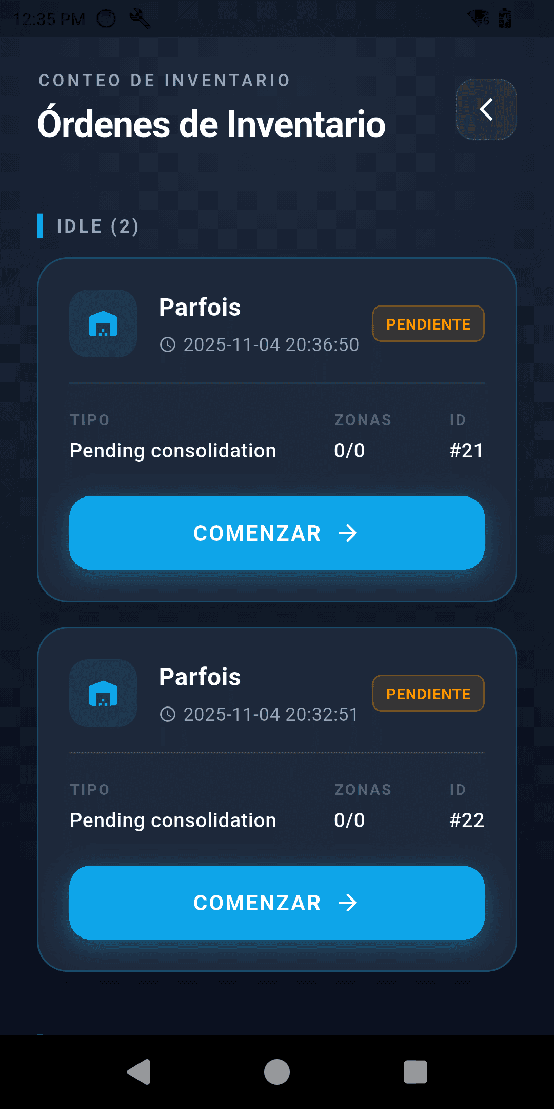 Órdenes de inventario y conteo por zonas