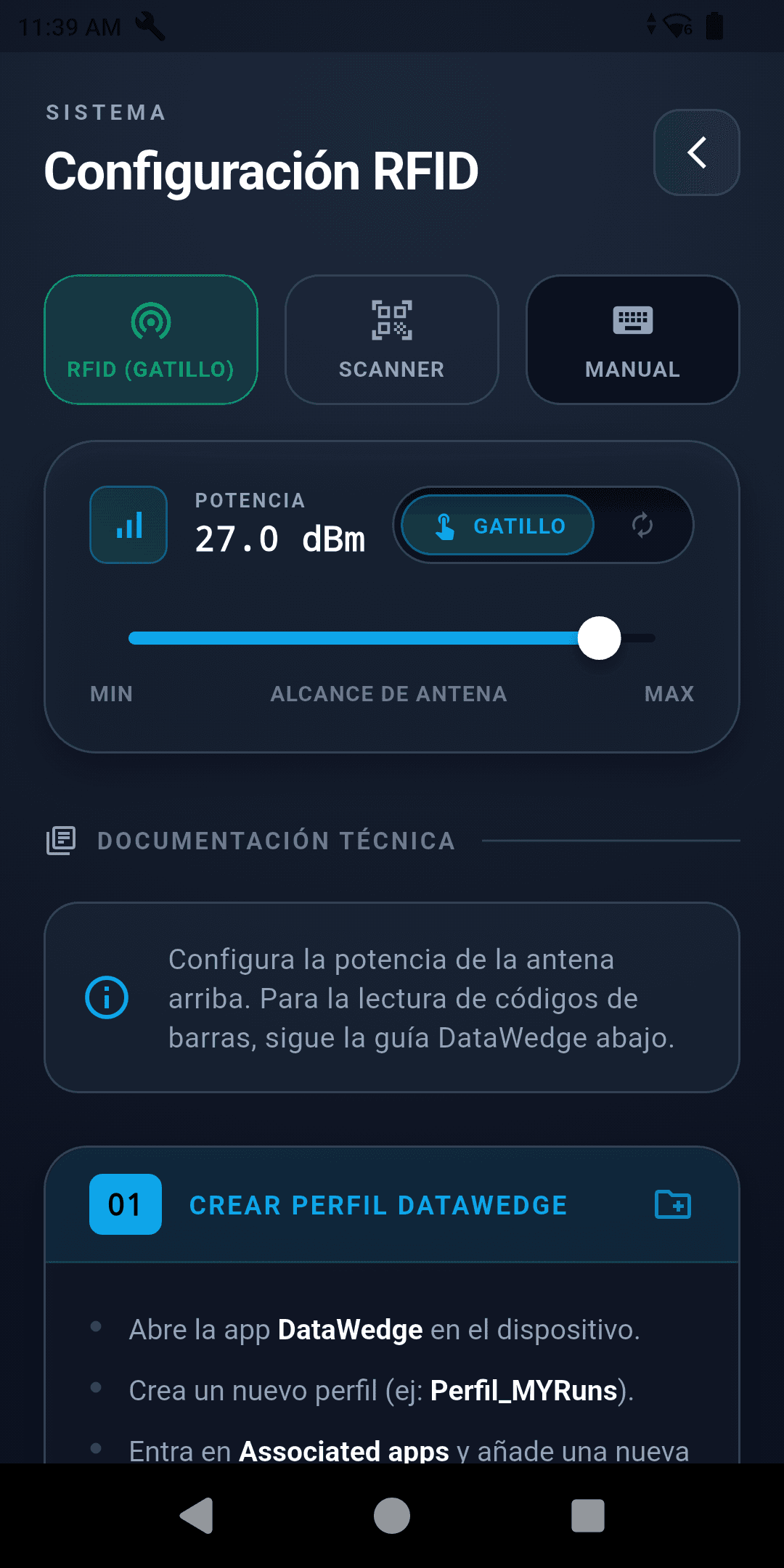 Configuración RFID: potencia de antena y modo gatillo en el dispositivo Zebra
